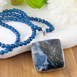 Solid Sterling Silver 925 High Quality Pietersite Pendant Blue Kyanite Necklace